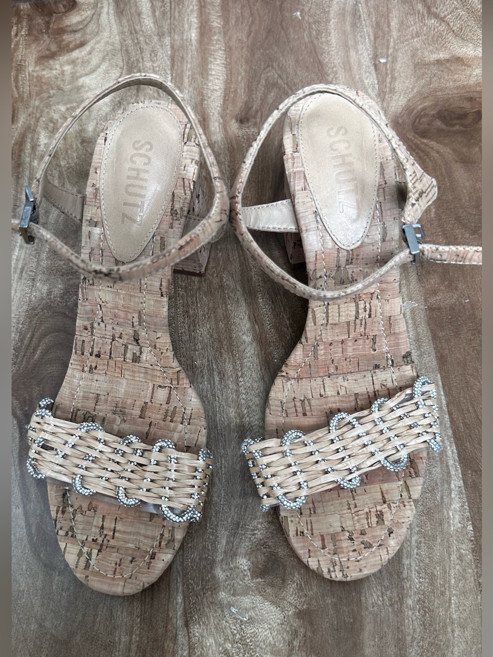 Schutz Cork Rhinestone Block Heel Sandals Size 36 BR / 38 EU - Picture 2 of 5